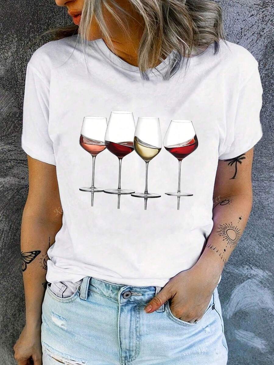 Camiseta casual holgada para mujer de cuello redondo y manga corta con estampado de 4 copas de vino en color único