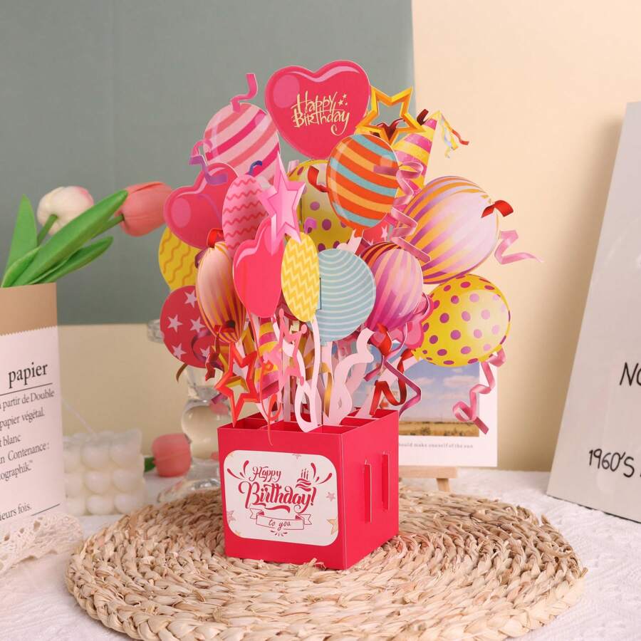1 stuk Happy Birthday Pop-Up Box-kaart, handgemaakte 3D-ballonverjaardagskaarten met een klein briefje om te schrijven en een envelop, woondecoratie, feestbenodigdheden, Moederdag, cadeau voor moeders, terug naar school, schoolbenodigdheden