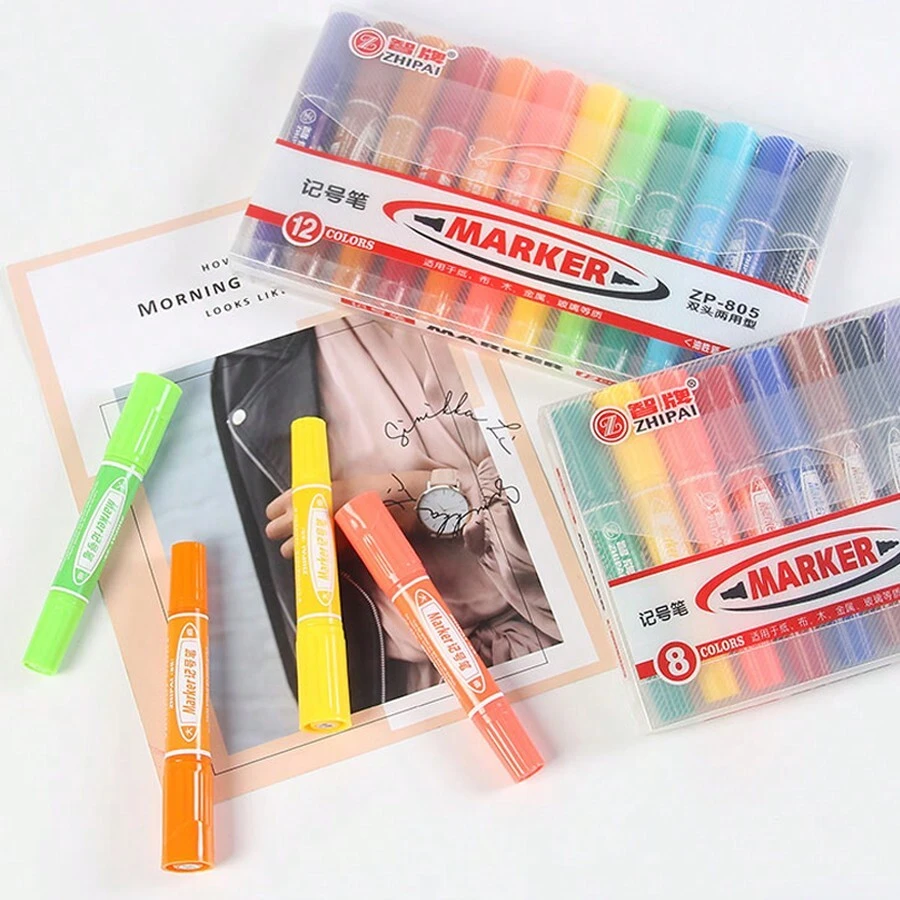 12-Color Double-Headed Permanent Markers, Waterproof Fast-Drying Non-Fading Artistic Outlining Liner Pens, Marking Pens, Courier Graffiti Painting Pens, Outlining Pens, Drawing Pens, Chisel Tip Markers, Oil-Based Pens, Tracing Pens