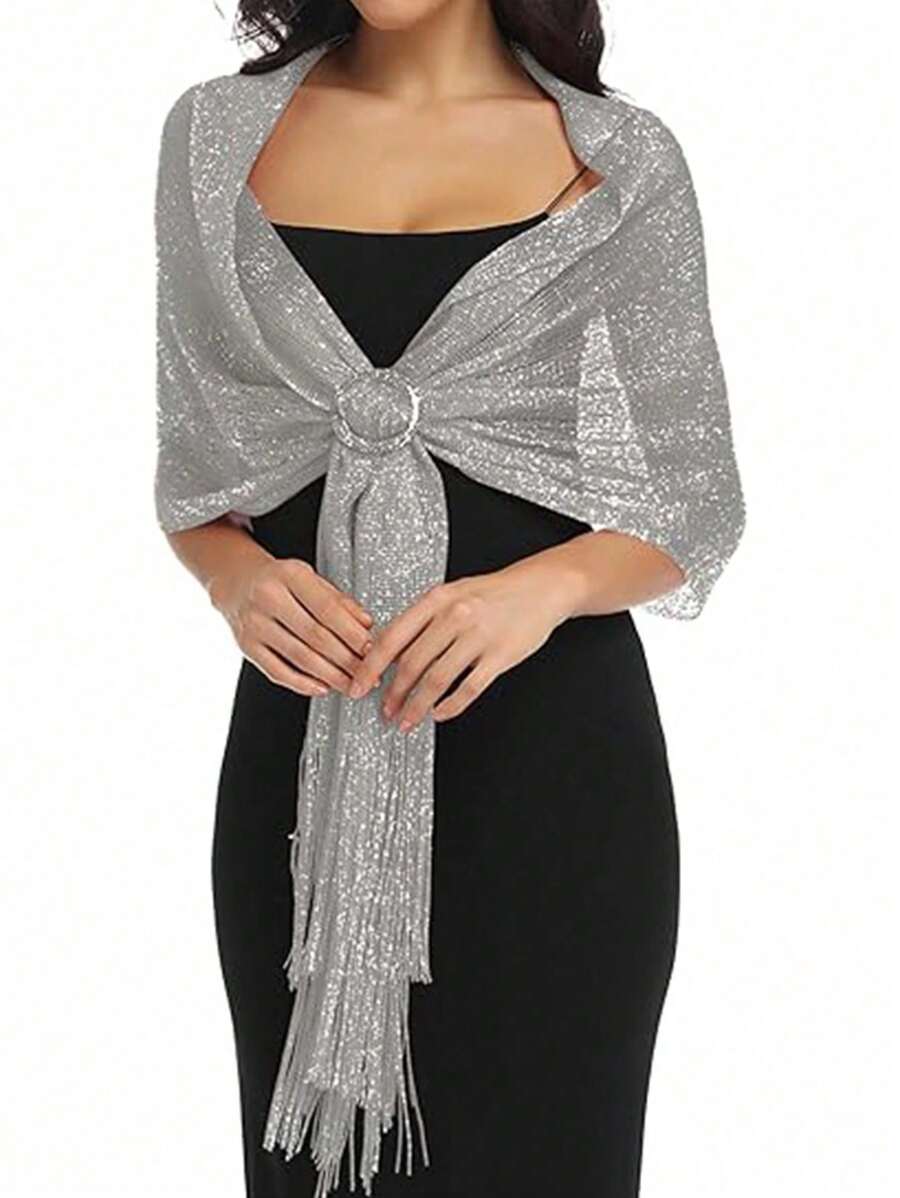 1 pièce Foulard de tête islamique enveloppant, hijab à la mode, châle de protection solaire brillant or/argent. Écharpes brillantes avec dentelle et franges pour femmes, pour robe de soirée, Fête des Valentins