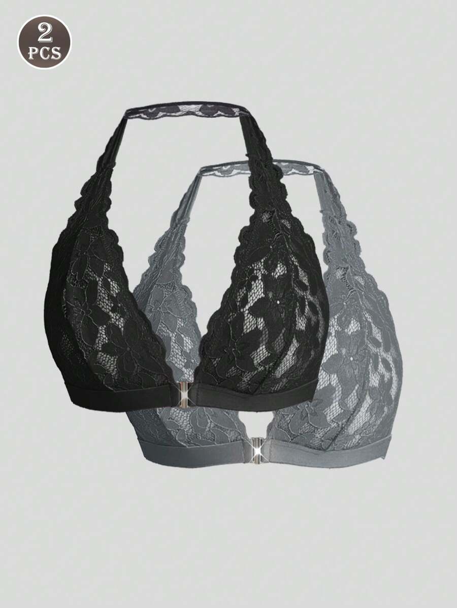 2pcs Lace Halter Neck Bra Set, Simple & Fashionable For Women, Casual Everyday Wear