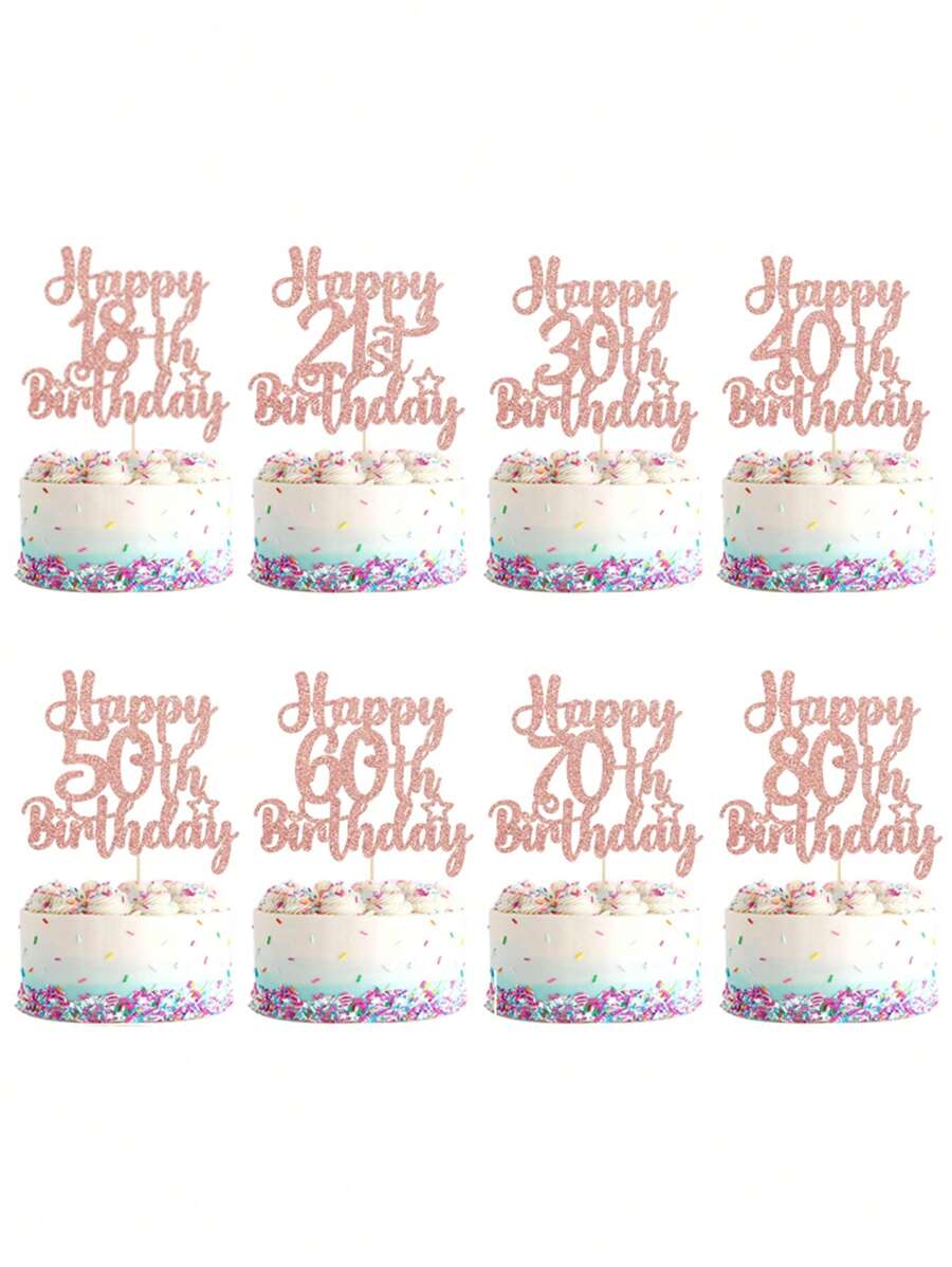 1pc Rose Gold Happy 18th/21st/30th/40th/50th/60th/70th/80th Birthday Cake Topper, Suitable For Birthday Party Anniversary Cake Decor