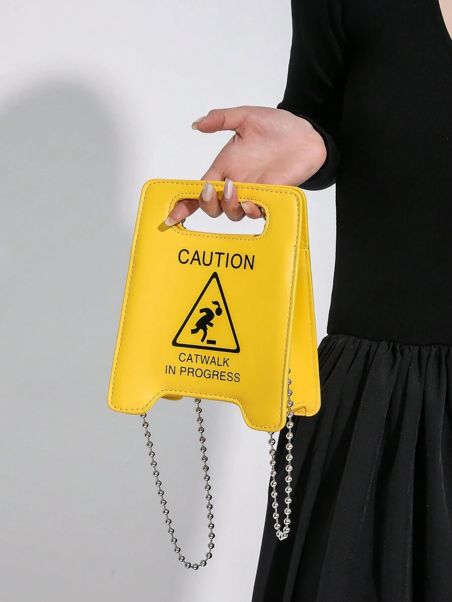 New Cartoon Warning Sign Handbag, Chain Letter Bag, Cosmetic Bag, Accessory Bag, Fashion Casual Minimalist Street Shoulder Crossbody Bag, Fashionable Butter Yellow Bag For Women