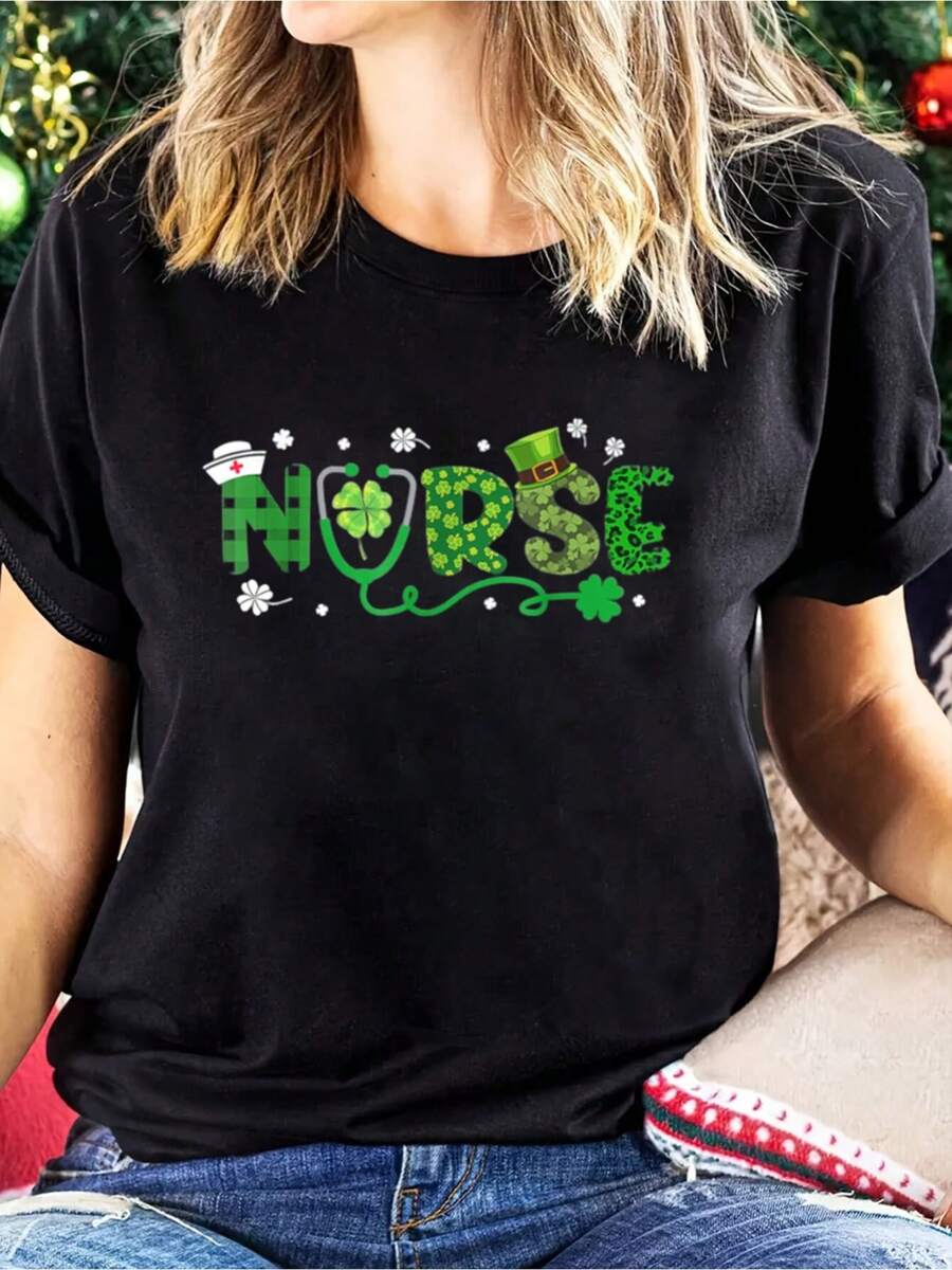 100% Cotton Happy St Patricks Day Nurses Irish Nurse Stethoscope Scrub T-Shirt