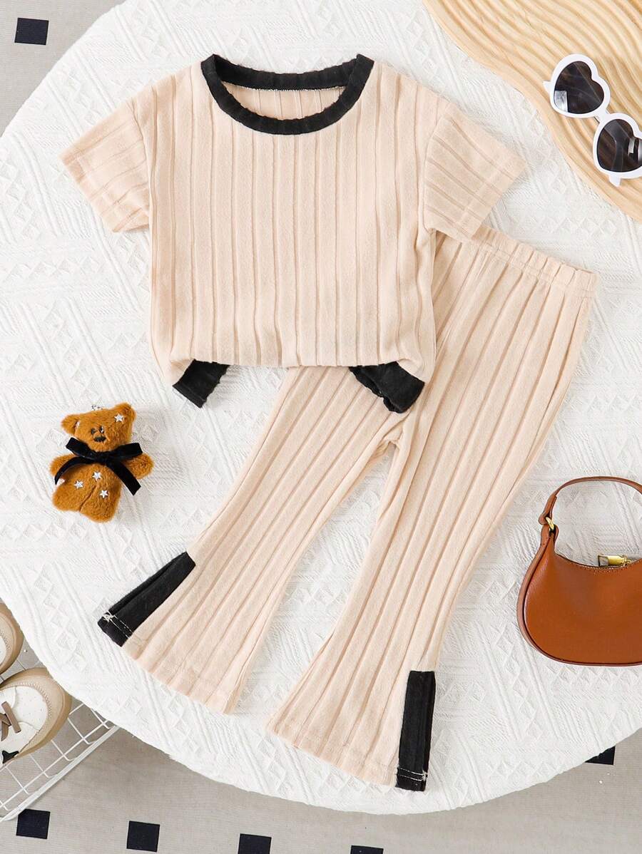 Baby Girls 2pcs Set: Color-Block Fuzzy Short Sleeve Top + Solid Color Flare Pants