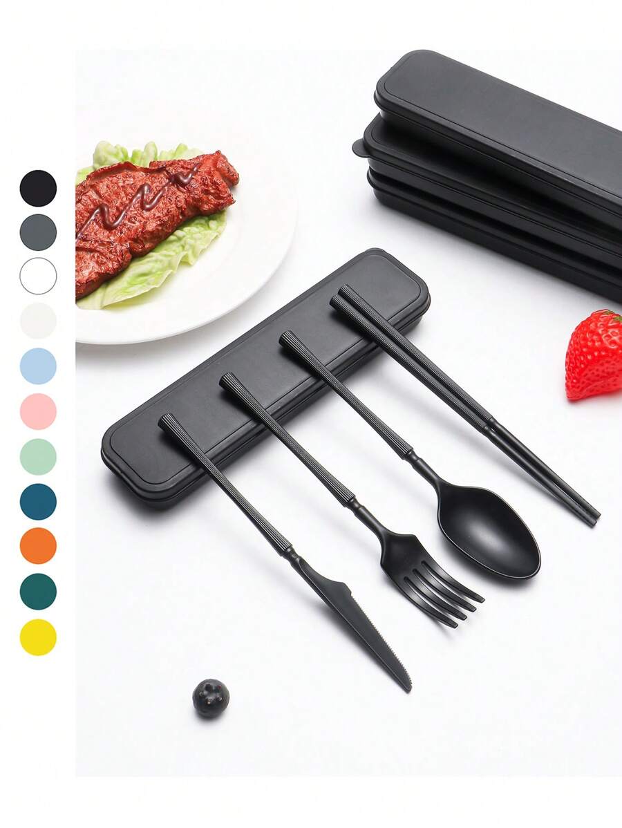 5 Stück/Set Tragbares Kunststoff Besteck-Set mit Messer, Gabel, Löffel, Essstäbchen und 1 Aufbewahrungsbehälter - geeignet für Outdoor-Camping, Picknick, Arbeit und Schule, Schulmaterial