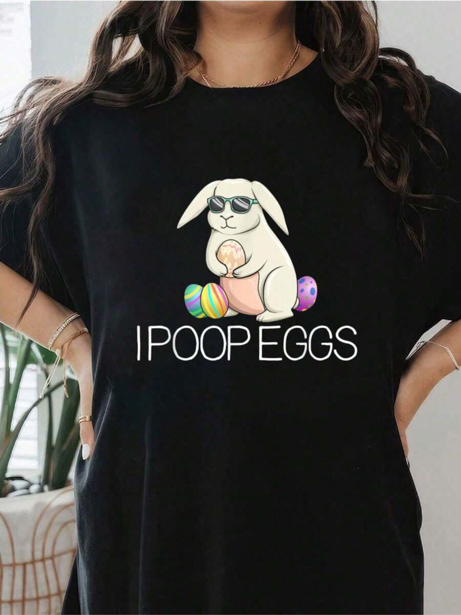 I Poop Eggs Easter Bunny Wearing Glasses Funny Easter Eggs T-Shirt Cute Print Women T Shirt, Short Sleeve Round Neck Casual Top For Summer Spring, Women's Clothing