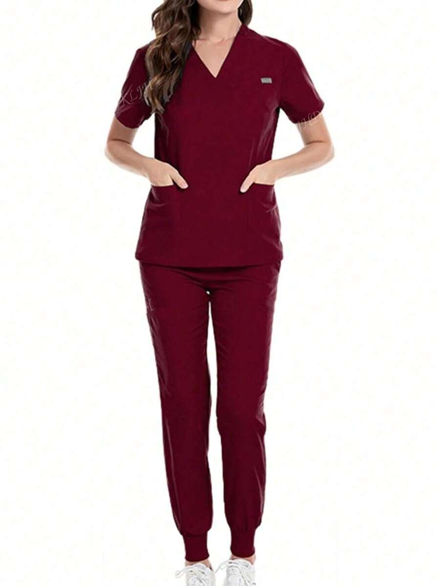 Ensemble uniforme de blouse à manches courtes et pantalon de couleur unie pour femmes