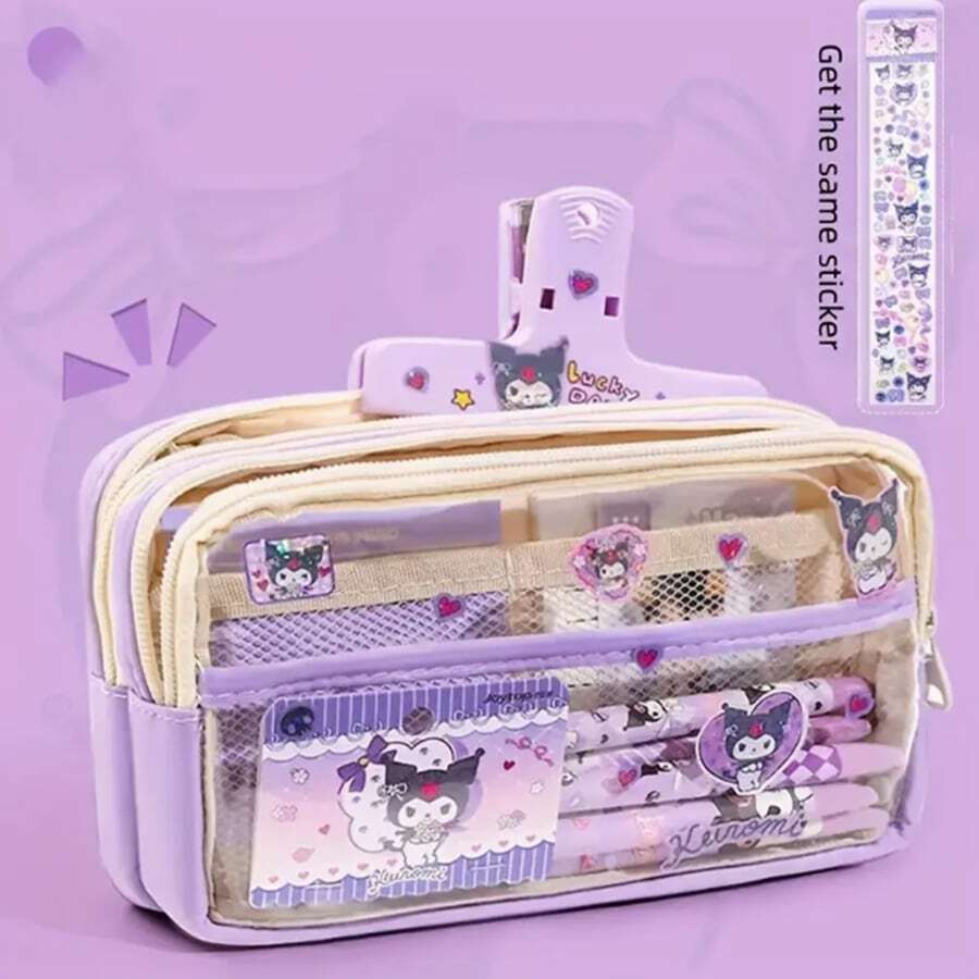 Sanrio 1 pièce Étui crayon transparent Sanrio avec Cinnamoroll, Melodys, Kuromis, Hello chat. Étui à crayon roulé en tissu, rangement mignon de fournitures scolaires pour anime, avec autocollants. Fournitures scolaires, trousse, sac d'école.