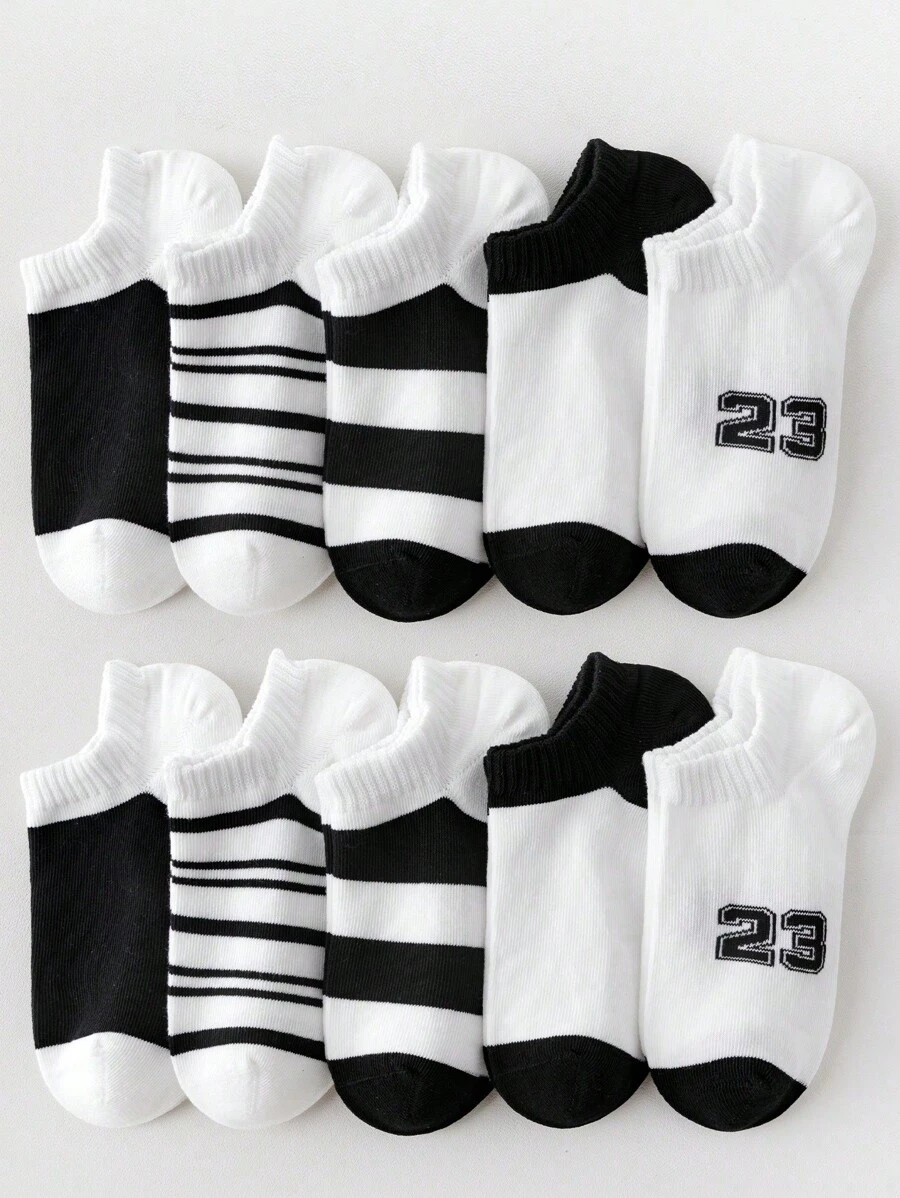 10 Pares de Meias de Algodão para Crianças, Meias Tipo Barco Listradas em Preto e Branco, Meias Casuais Versáteis e Respiráveis para Tornozelo, Feitas de Algodão Penteado para Uso Macio e Confortável, Adequadas para Volta às Aulas e Uso Diário