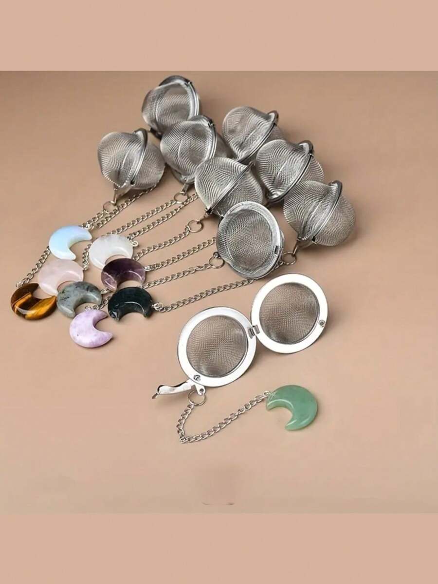 1pc 304 Stainless Steel Tea Infuser With Crystal Stone, Extended Chain Hook, Tea Ball Strainer, For Loose Leaf Tea, Spices, Condiments, Gift For Tea Lovers, Crystal Moon Decor Craft Back To School