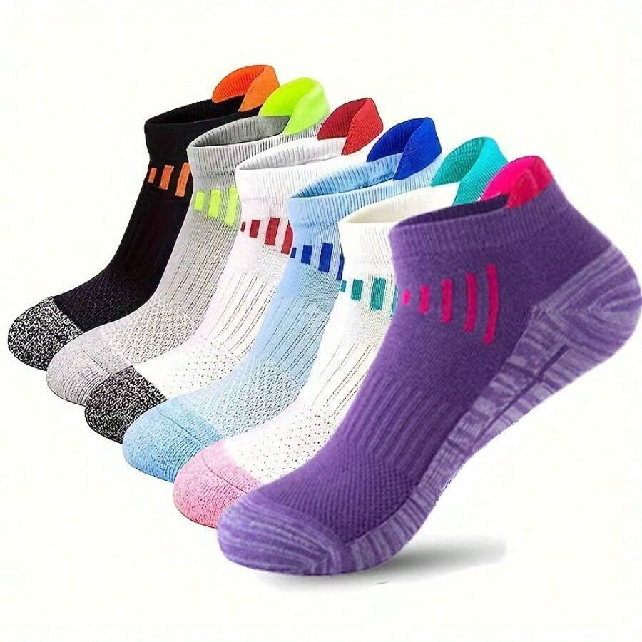 Sports Outdoor 6 Pairs Of Women's Compression Sports Socks, Low-Cut Cushioned Breathable Ankle Socks, Thick Sports Socks, Anti-Friction Towel Bottom Socks, Color Matching Mesh Breathable Running Socks, Outdoor Socks, Suitable For Running, Cycling, Hiking