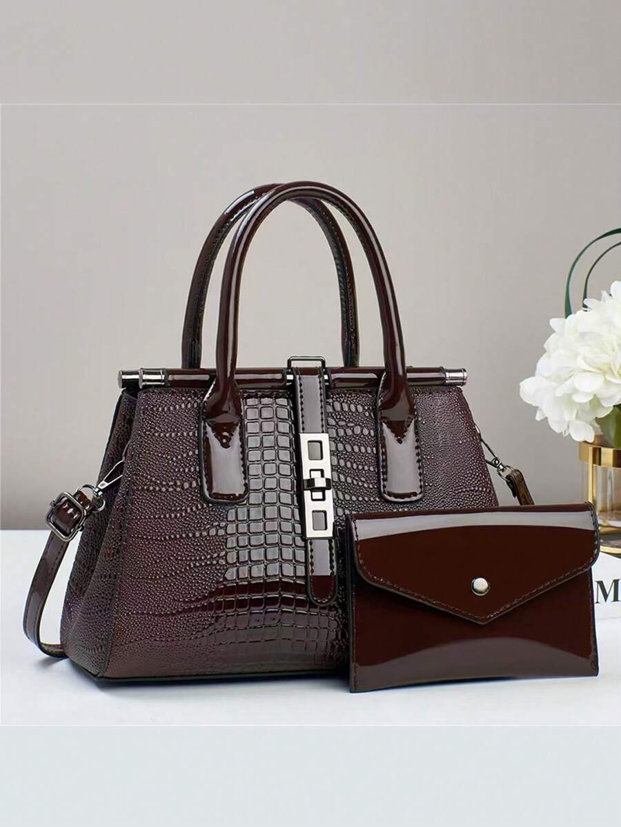 2pcs Set Elegant Fashion Crocodile Texture Handbags, Multi-Functional Large Capacity Shoulder Bag, Design, New Fashion Women's Small Square Bag Handbag Shoulder Bag Versatile Casual Large Capacity, Suitable For Outings, Travel, Shopping, Best Mother Day Gifts Ever