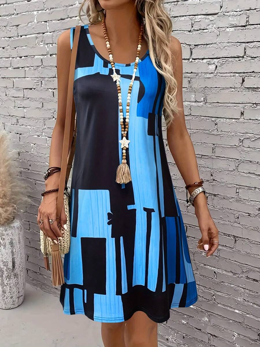 Spring&Summer Women's Geometric Pattern Sleeveless Dress For Summer Vacation,Dresses For Women Summer,Women Bohemia Midi Dresses
