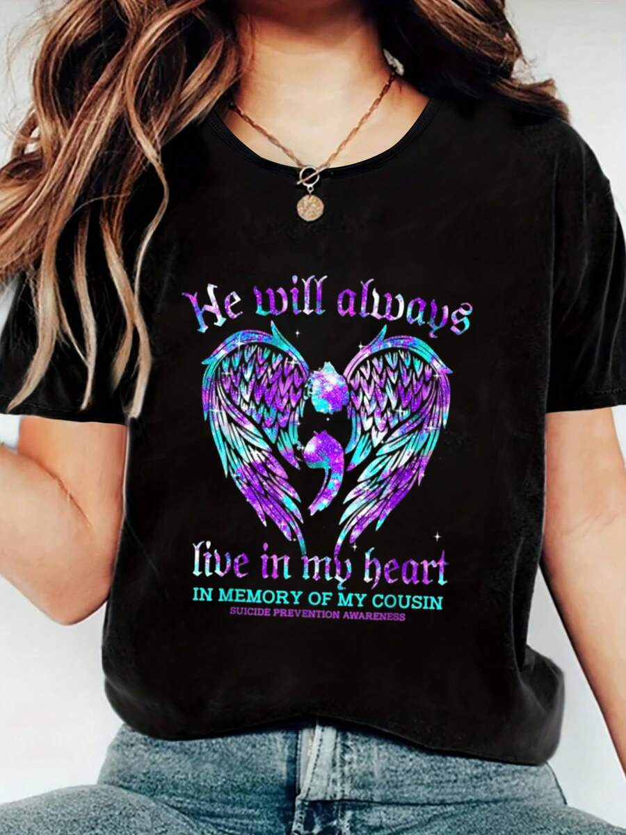 100% Cotton Always In My Heart My Cousin Suicide Prevention Awareness T-Shirt, Women's Clothing