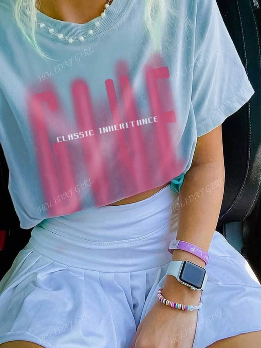 Camiseta de manga corta con cuello redondo, práctica y versátil, estampada con letras, adecuada para uso diario. Blusas gráficas para mujer, en blanco y rosa