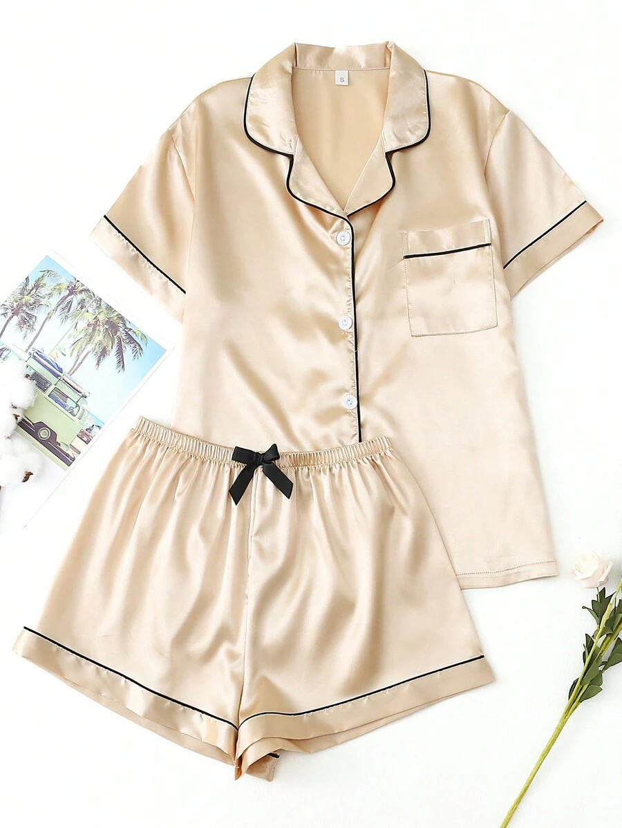 2pcs/Set Women's Satin Pajama Set With Short Sleeve Lapel Top And Bowknot Shorts, Sleepwear Loungewear, Two Pieces Set
