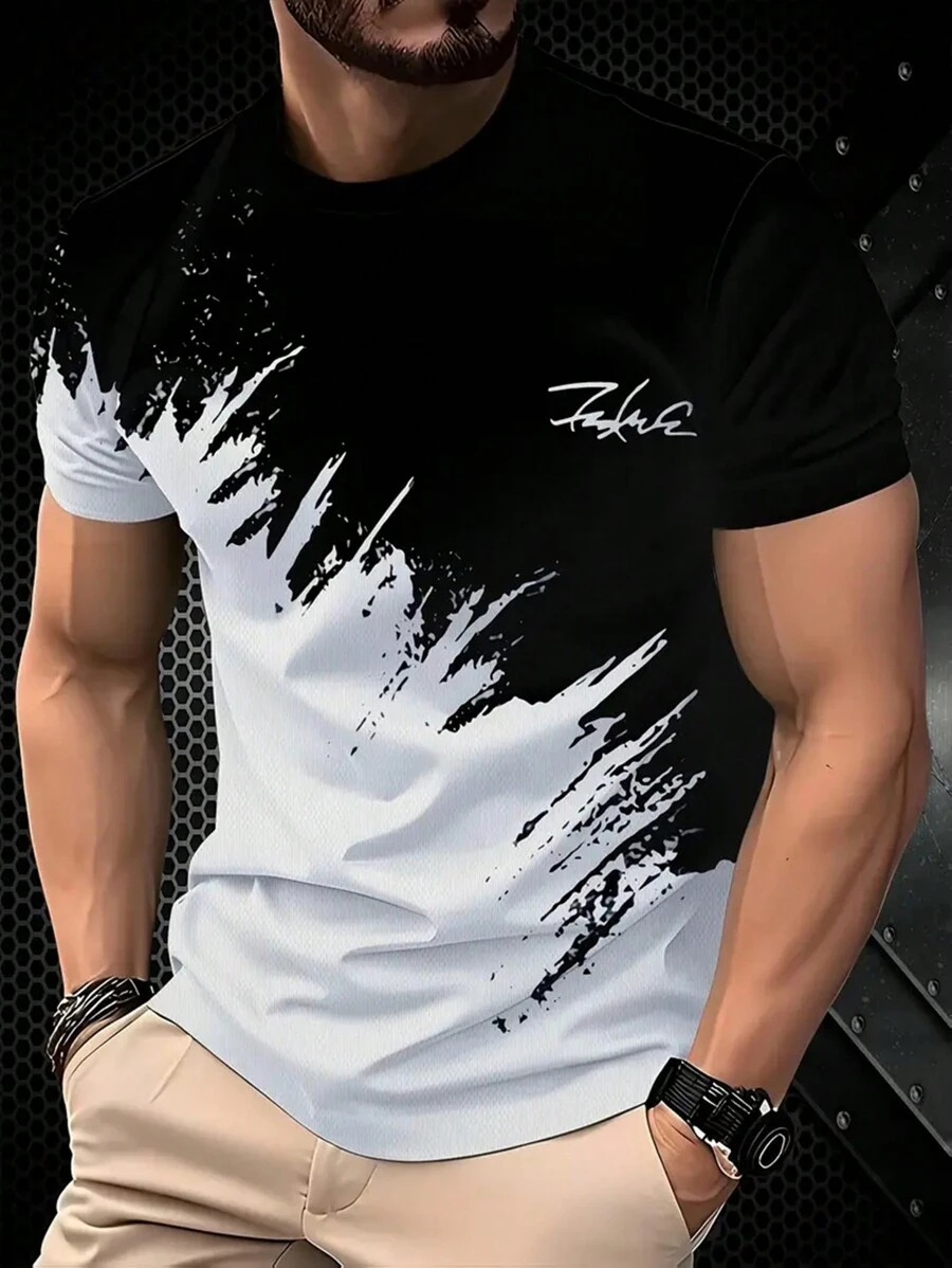Men'S 3D Print Black And White Color-Blocked Graphic T-Shirt, Casual Short-Sleeve Summer Outdoor Wear (Middle East)