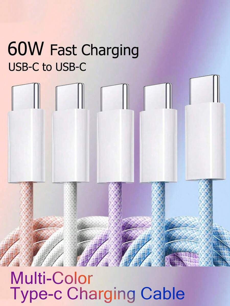Cable USB C a USB C para carga rápida de 60W, cable trenzado multicolor de 6.6ft/3.3ft, compatible con Iphone 15/15 Pro/15 Pro Max/15 Plus, IPad Pro/Air5, Galaxy S22/S21/S20 Ultra y Macbook
