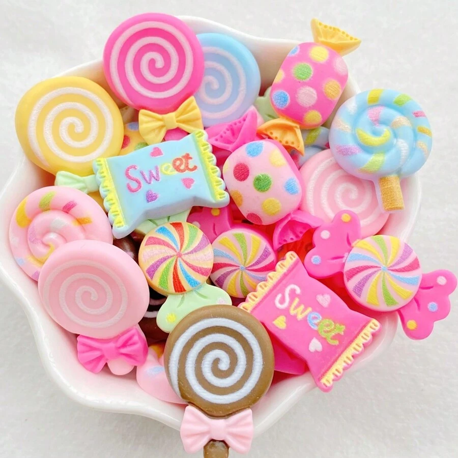 10/20/30pcs Hand-Painted Resin Mixed Color Candy Lollipop Charms - Colorful Flat Back Cabochons For DIY Keychains, Scrapbooking, Wedding Decor & Jewelry Crafts