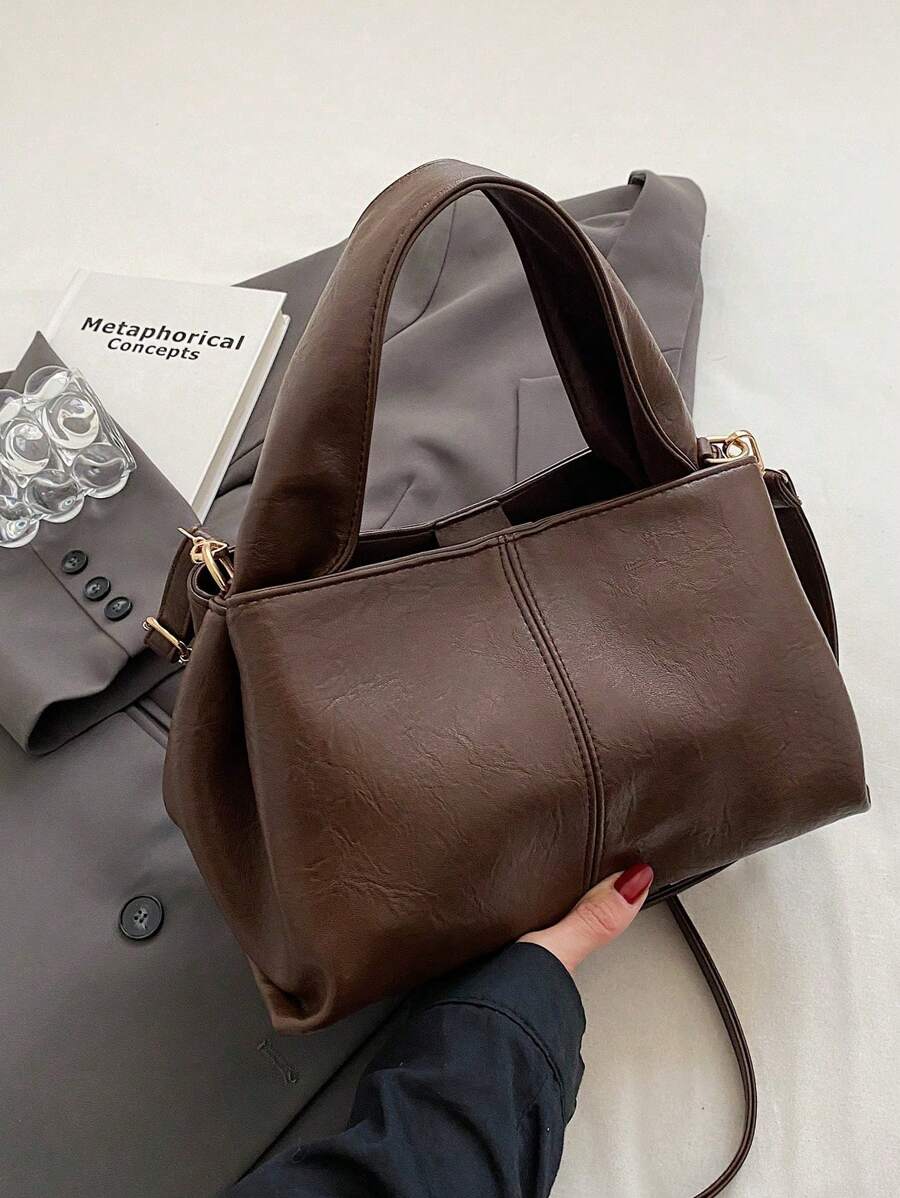 1 Bolso de hombro de color café con textura de PU , cierre magnético, nueva colección 2025, bolso bandolera a juego