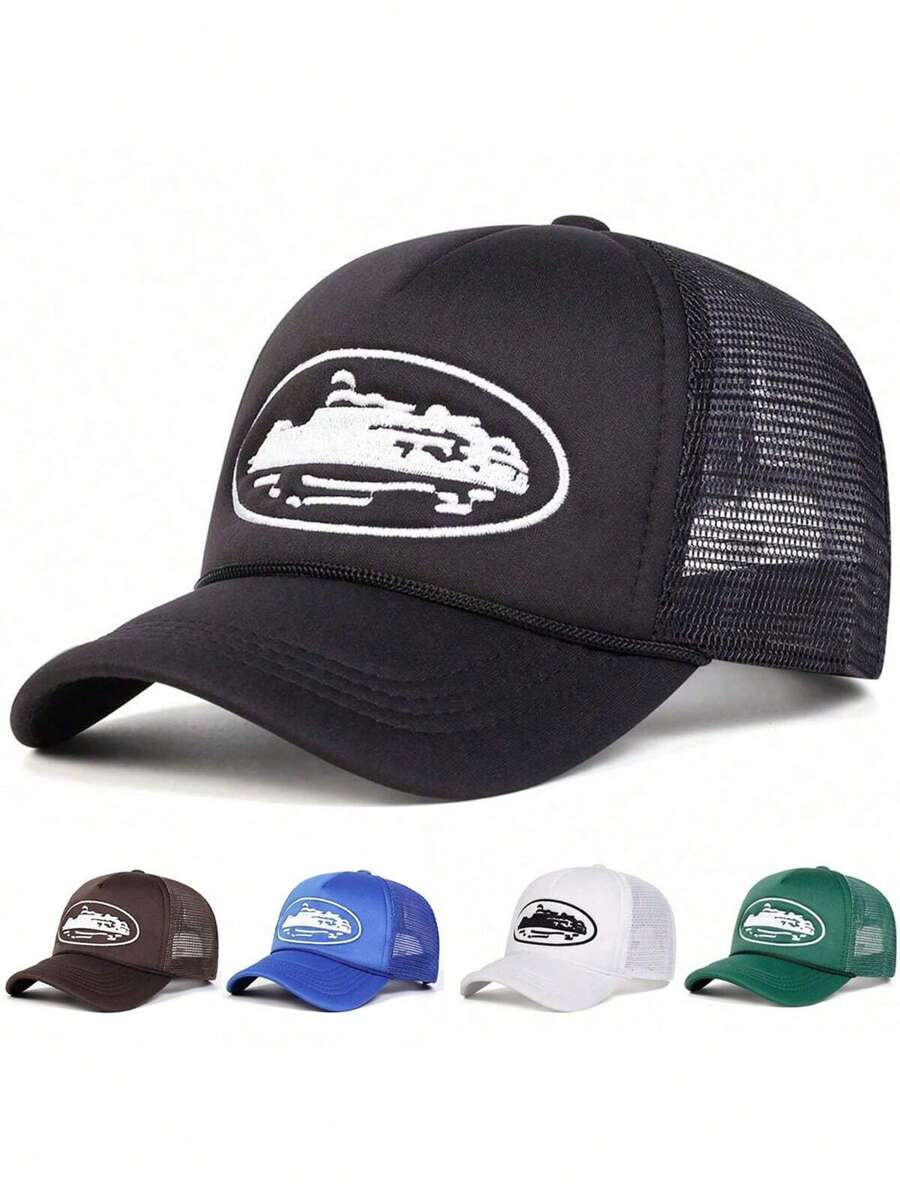 1pc Men's Embroidery Trucker Cap, Fashion Element Baseball Hat For Outdoor Sun Protection Casual, Suitable For Spring, Autumn, Travel, Beach