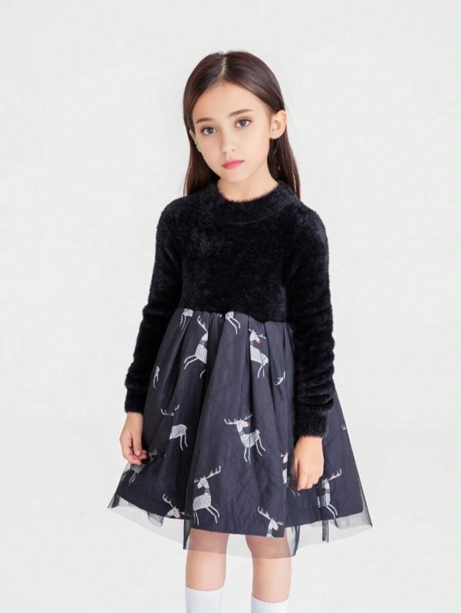 Annil Vestido de suéter para niñas, estilo de invierno, falda cálida de estilo occidental de moda negra
