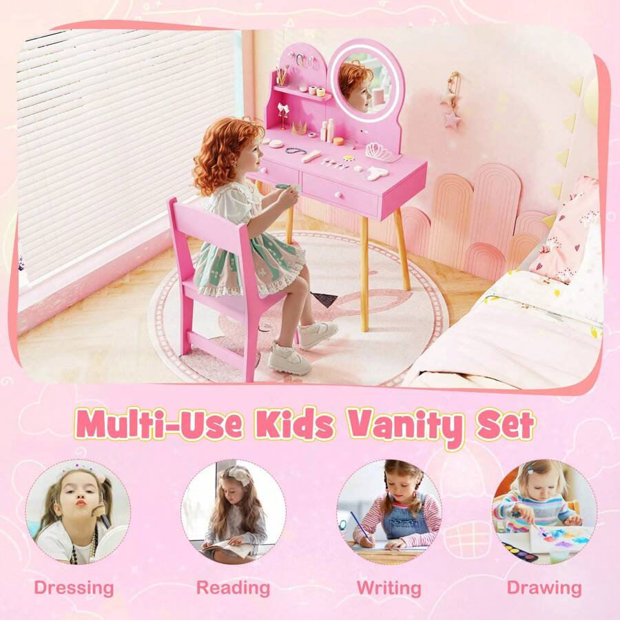 Laicejoy Laicejoy Kids Vanity Set, Dressing Table With Chair, 2-Color Front Lit Mirror, 2 Drawers, Open Storage Shelve, 3 Hooks
