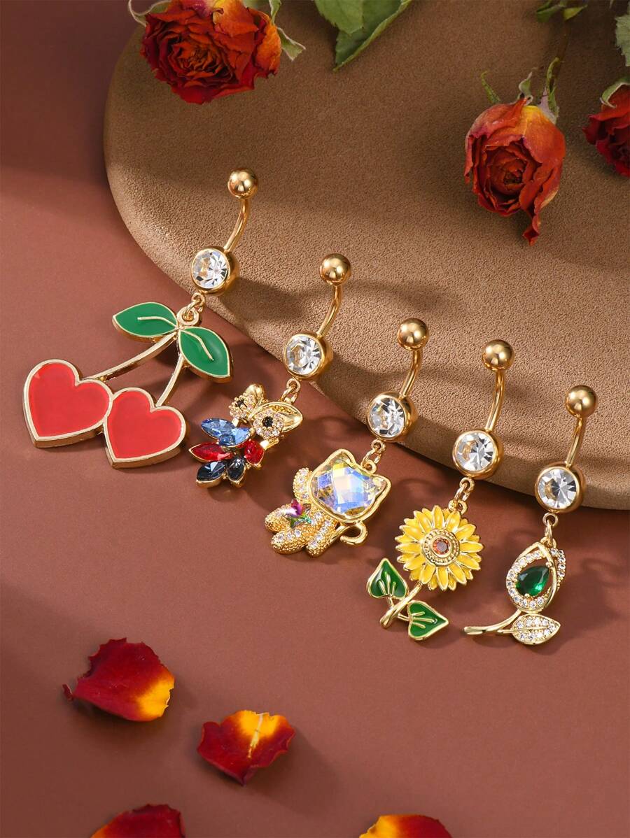 1 pièce anneau de nombril en acier inoxydable 316L avec zircone cubique en différents styles : tournesol, cerise, cœur, hibou, ours plaqués. Bagues de piercing de nombril pour femmes. Parfait pour les fêtes de tous les jours, les festivals et les cadeaux de la Saint-Valentin. 10 mm argenté/doré