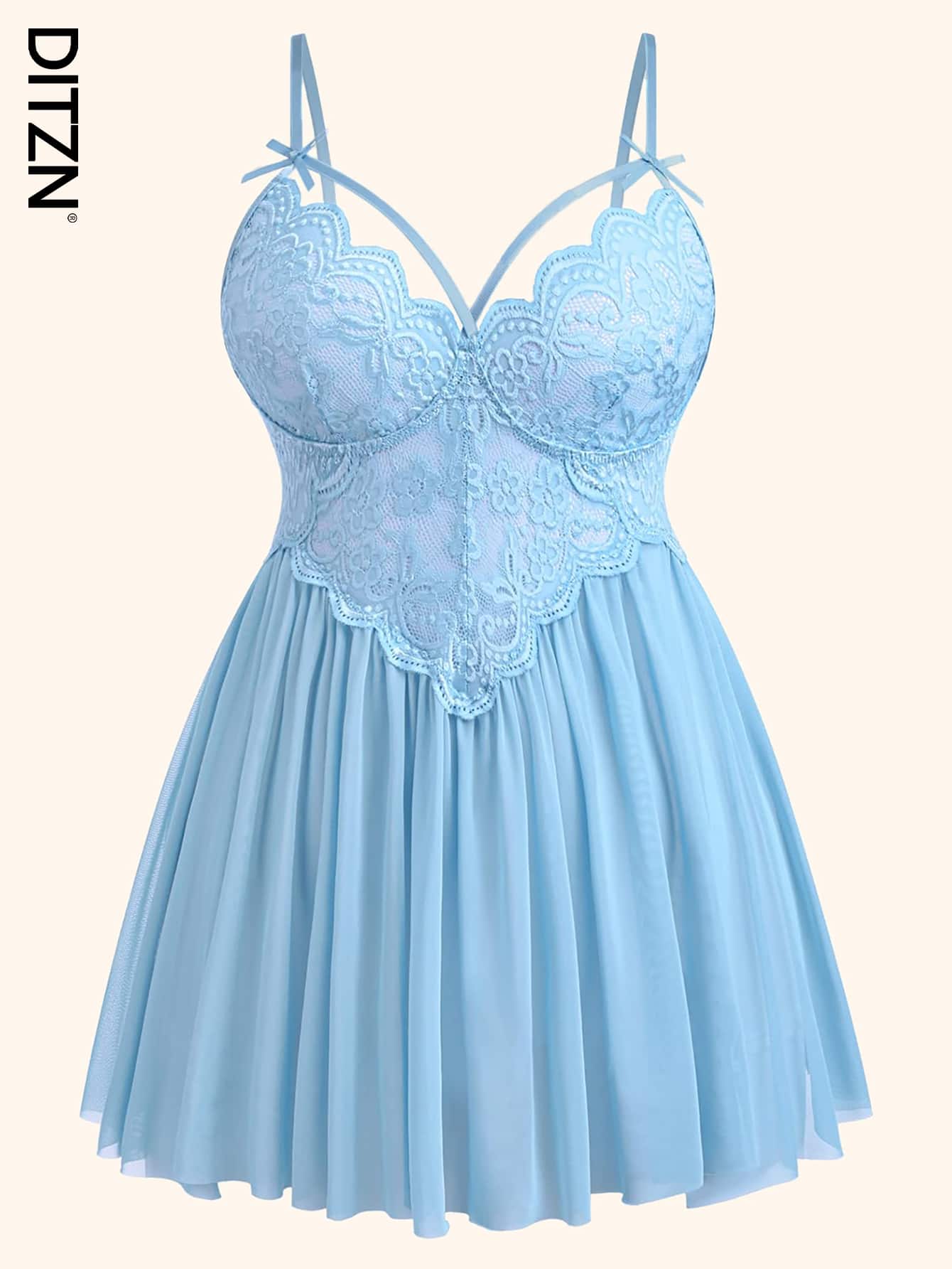 DITZN Camiseta de muñeca de talla grande, camisón de encaje transpirable de verano con vestido vaina sexy transparente lencería erótica y tirantes (con tanga gratis)