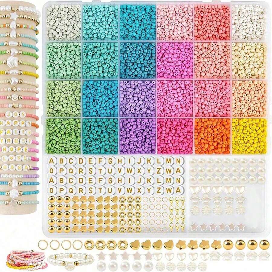 Conjunto de Pulseira de Contas de Vidro para Fazer Joias, 24 Cores, Conjunto de Pulseira Adequado para Meninas e Adultos, Conjunto para Fazer Pulseiras de Amizade com Contas de Letras, Usado para Presentes Artesanais DIY