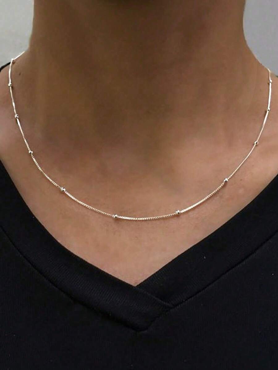 FOREVER QUEEN 925 Sterling Silber Minimalistische Runde Perlen Box Kette Halskette Einfache Minimalistische Halskette Schmuck Geschenk