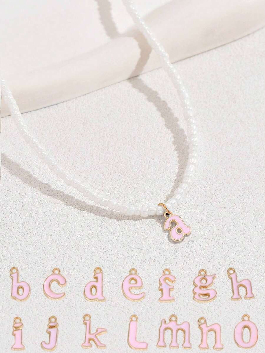 1 Pc Fashionable And Elegant Beaded Lowercase Initials Necklace Cute Pink 26 Letter Beaded Necklace Suitable For Girls' Birthday Gifts