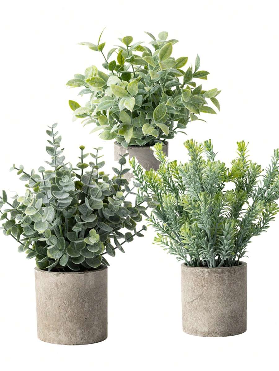 1pc Kunstmatige Vorstwitte Eucalyptus Plantenpot, Echte Touch Nep Plastic Eucalyptus Bladeren En Rozemarijn Bladeren Cluster Pot Groene Plant Nep Pot Met Grijze Papierpulp Pot Kleine Kamerplant Voor Thuis Binnen Plank, Bureau, Thuis Badkamer, Boerderij, Kamer, Tafeldecoratie