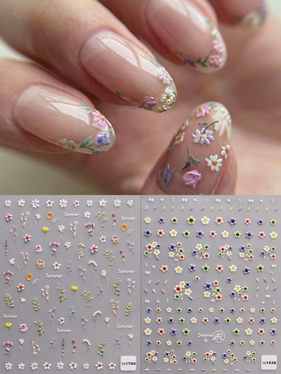 2 Sheets Spring And Summer Wedding Small Flower Embossed Nail Art Stickers, Summer Small Flower Embossed Nail Art Decals, 5D Adhesive Back Nail Art Self-Adhesive Decorative Accessories For Acrylic Nails, Ladies And Girls Nail Art Supplies, Holiday Gifts