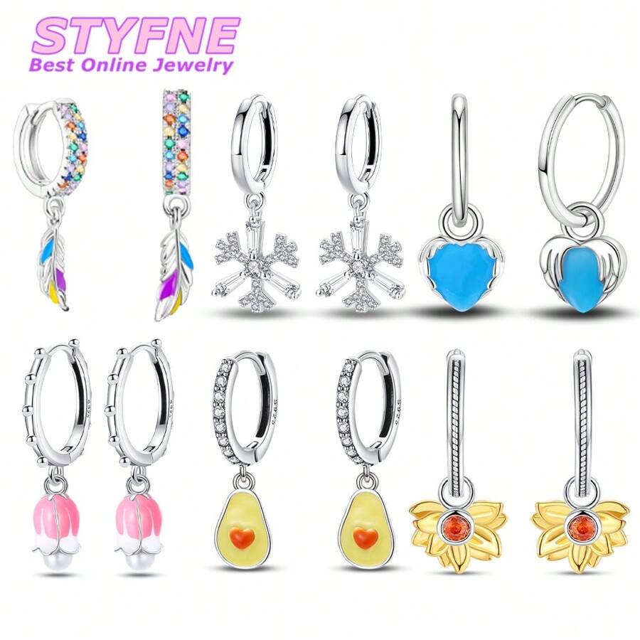 1 Pair Feather Snowflake Heart-Shaped Flowers Hoop Earrings For Women Fashion Earrings Jewelry Gifts For Women Girls