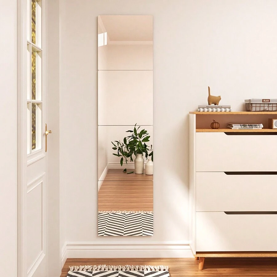 4 Stück Spiegelfliesen-Set, kombinierbare, selbstklebende und sturzsichere Acrylspiegel-Wanddekoration aus stoßfestem Acrylglas, rahmenlos und selbstklebend - ideal für Schlafzimmer, Heimfitnessraum und Kleiderschrank, einfache Installation, platzsparendes Design