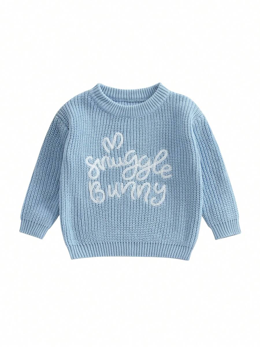 Toddler Easter Sweaters Bunny Ear Pattern Letter Long Sleeve Round Neck Ribbed Knit Jumper Tops