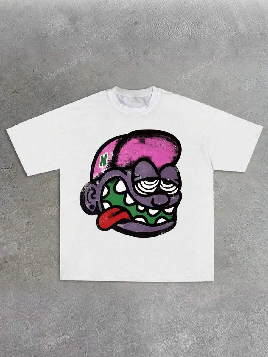 Women Y2K Style Short Sleeve Round Neck T-Shirt With Retro Cartoon & Letter Print