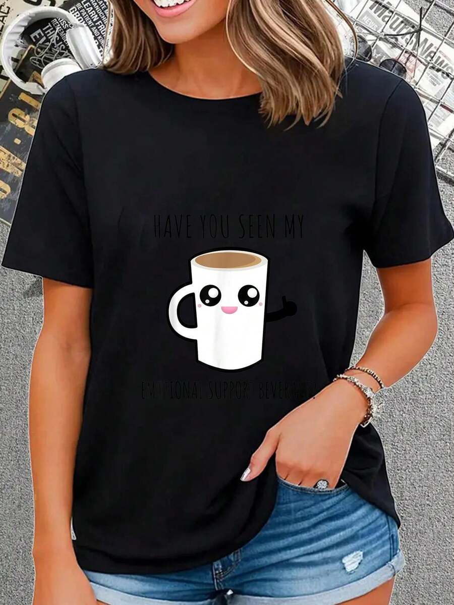 Coffee Tees: Emotional Support Beverage T-Shirt Round Neck Short Sleeve T-Shirt Women's Men's Graphic Tee Casual Tops
