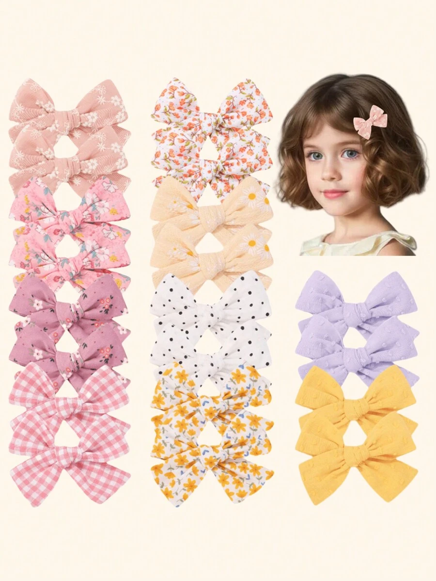 10pcs Kids Fabric Bow Hair Clips, Handmade Embroidered Printed Alligator Hair Clips, Elegant Children Hair Accessories, Girls Decorative Hair Clips, Suitable For Daily Use