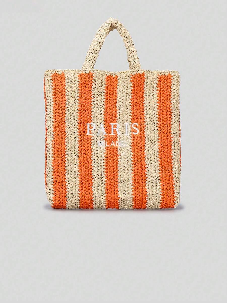Spring And Summer Striped Handmade Straw Bag Women Embroidery Letter Beach Holiday Shoulder Bag Clashing Colours Paper Woven Small Handbag (Pendant Not Included)