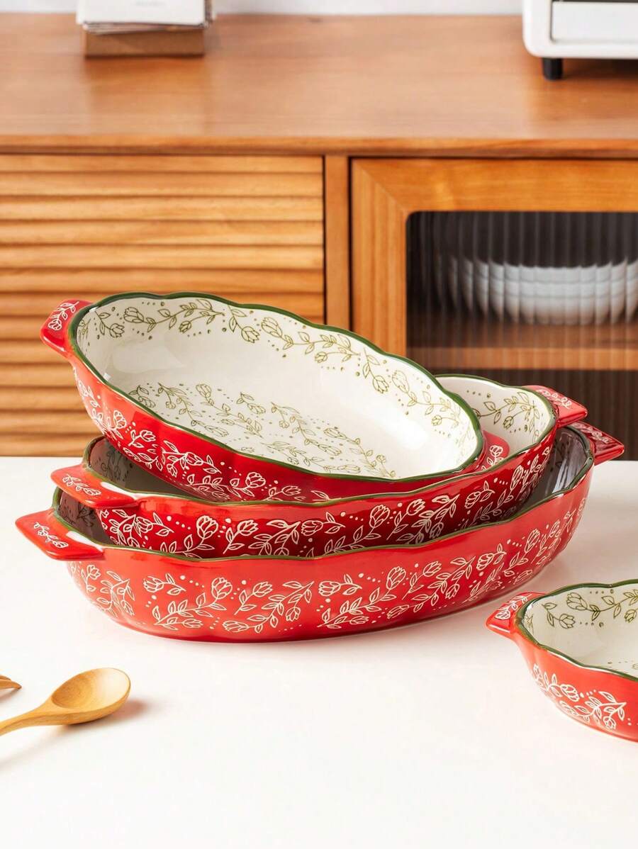 Assadeira oval de cerâmica com alça, design floral vintage vermelho, para cozinha, salada, grelhados, assados, sobremesas, pizza - pode ir ao forno e micro-ondas