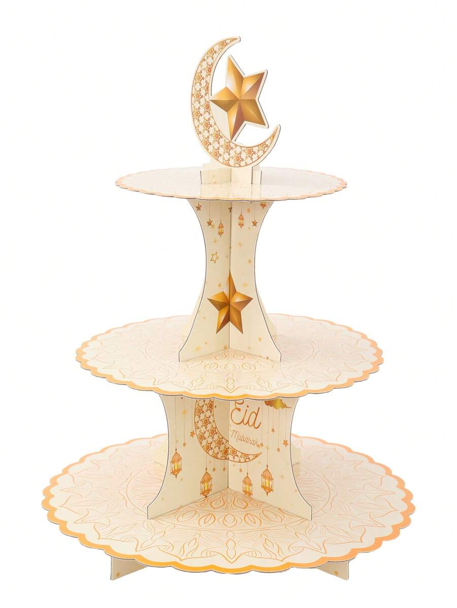 1pc Gold-Tone Eid Mubarak Cupcake Stand, Moon & Star Pattern Cupcake Display Rack, Ramadan Party Decoration Supplies, Eid Holiday Home Decor