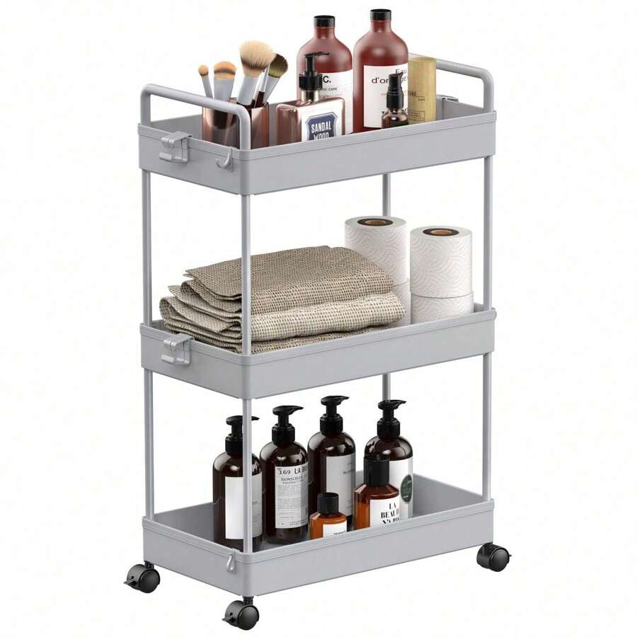 Rolling Storage Cart, 3 Tier Utility Cart Mobile Slide Out Organizer, Bathroom Standing Rack Shelving Unit Organizer For Kitchen, Bathroom, Laundry Room, Gray