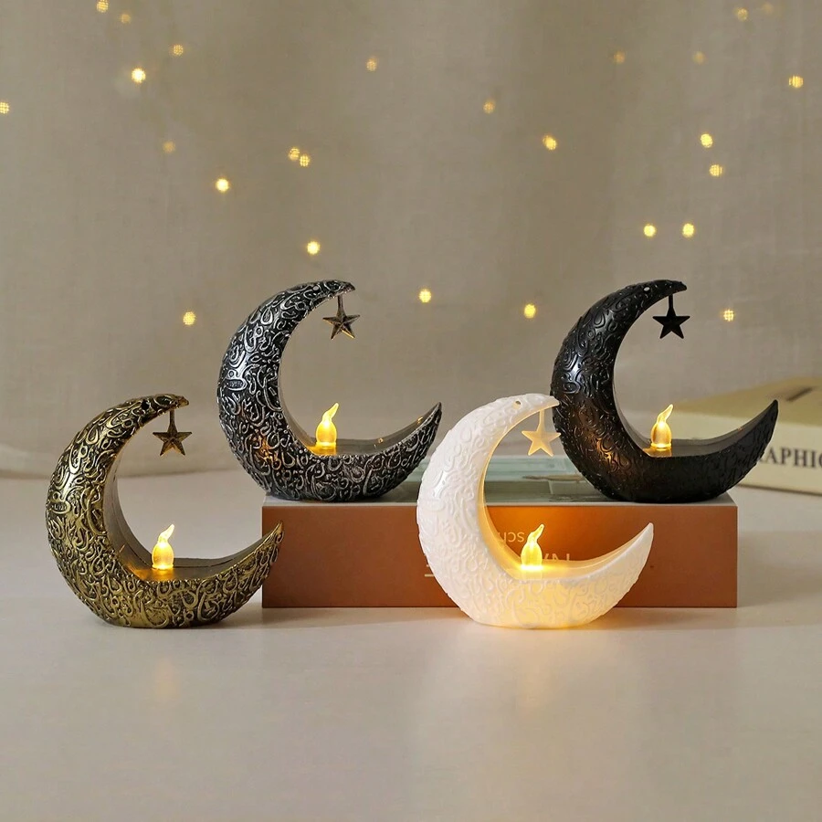 1 pieza Linterna de estrella y luna retro de LED de plástico, color dorado, blanco, negro, plateado para Oriente Medio, Ramadán, oración islámica, luna nueva, decoración de Eid Mubarak, regalo