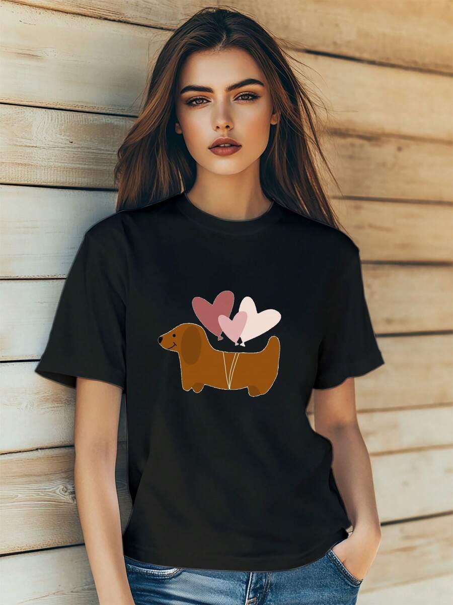 Women's Valentine's Day Cut Dog Love Kawaii Print T-Shirt Fashion Short Sleeve Round-Neck Slm Fit Tops Summer Casual Streetwear
