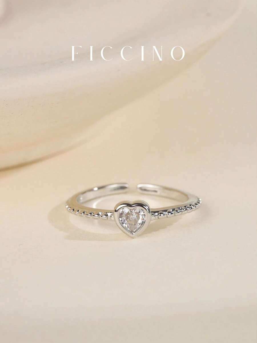 FICCINO FICCINO Classic Heart-Shaped Platinum-Plated & Cubic Zirconia Adjustable Opening Ring, Cute Lady/Couple Ring, Everyday Wear, Gift For Valentine, Anniversary, Holiday, Comes With Gift Box