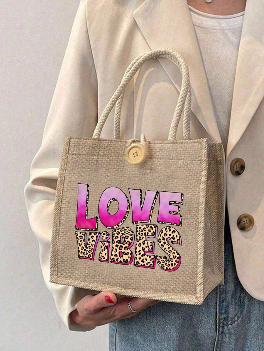 Love Themed Leopard Print Handbag, Love Vibes Letter Pattern, Reusable Printed Women's Handbag, Double Handle Shopping Backpack, Large Capacity Shoulder Bag, Casual Handbag, Christmas Storage Bag, Suitable For Commuting, School And Shopping, Convenient For Outdoor Use, Perfect For Gifting To Friends And Family, Teachers, Holidays And Festivals, Valentine's Day Gift