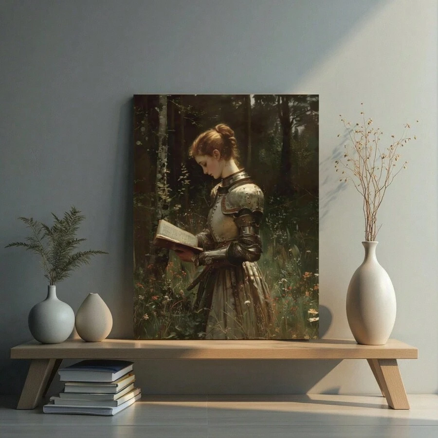 1 pièce œuvre murale vintage sans cadre et colorée, affiche de dame chevalier médiévale de l'académie sombre, impression sur canevas d'art mural de la Renaissance vintage, femme victorienne lisant un livre, idéal pour les amateurs de livres